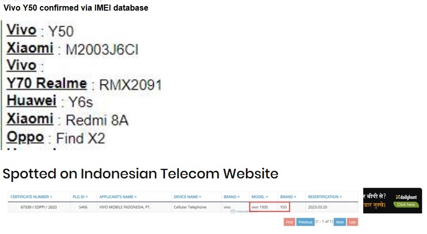 Vivo Y70 as a low price model in IMEI database image